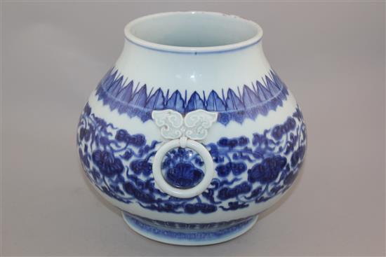 A rare Chinese blue and white two handled baluster vase, Zun, Qianlong period, height 19.5cm, glaze losses around a third of the rim